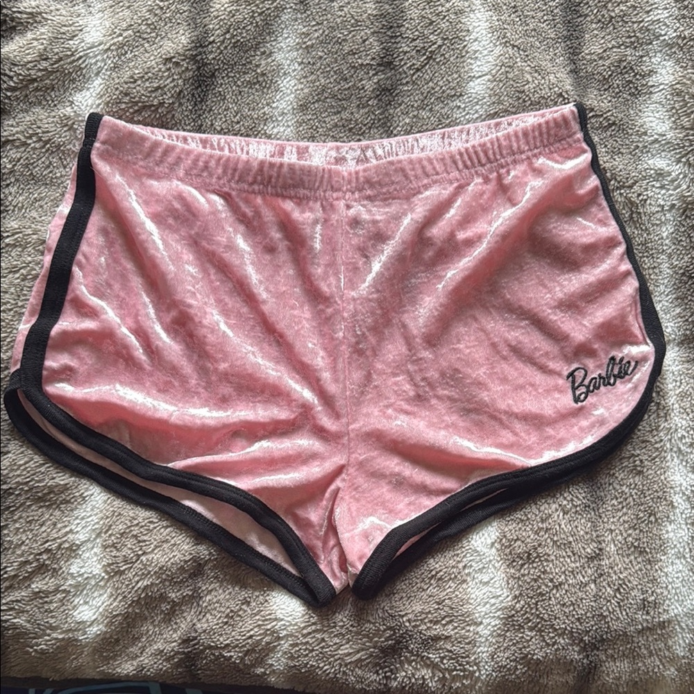 Barbie Pink and Black Athletic Shorts with Retro Velvet Style